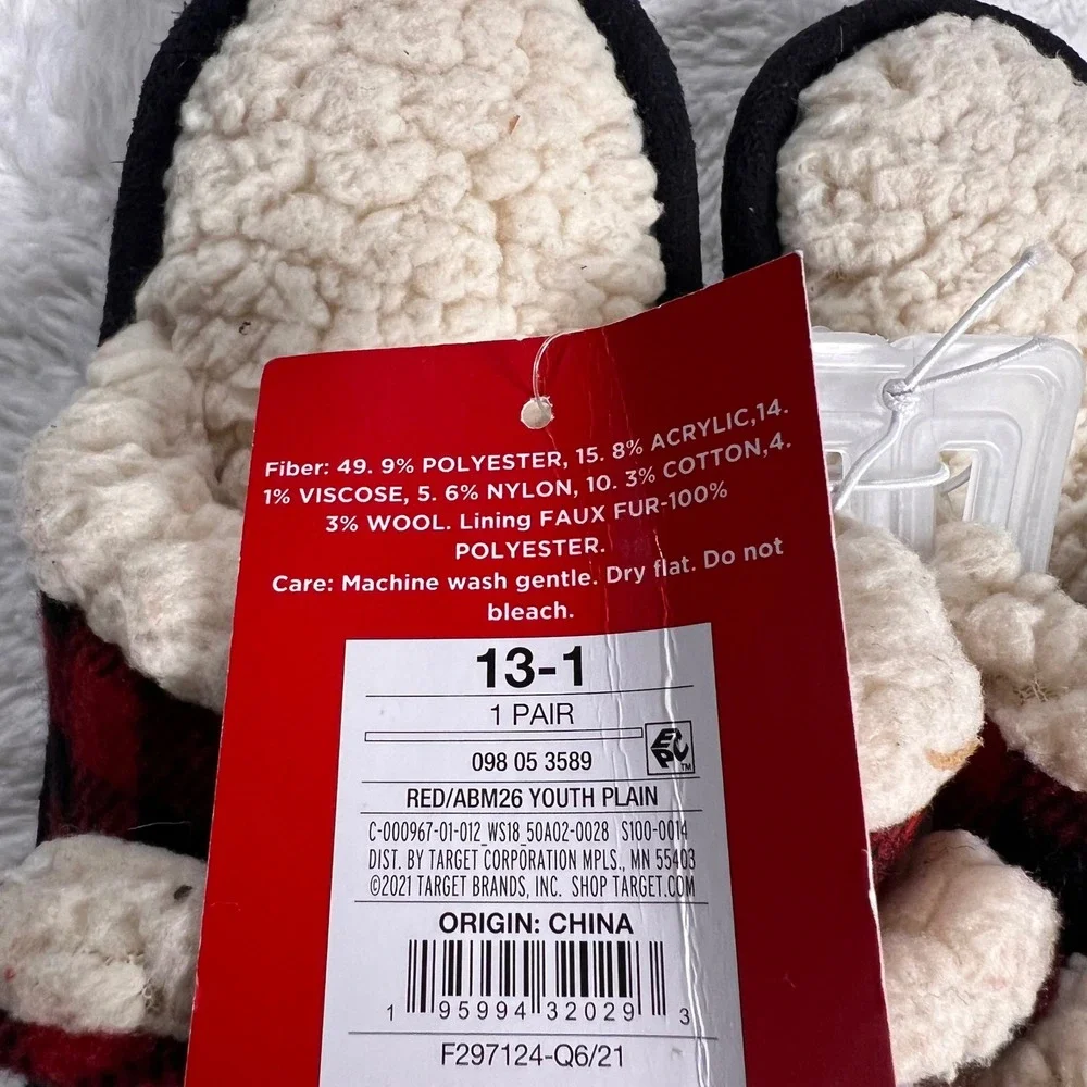 WonderShop Kids Slippers Red Black Buffalo Plaid Sherpa Lined Cozy Size 13-1 NWT